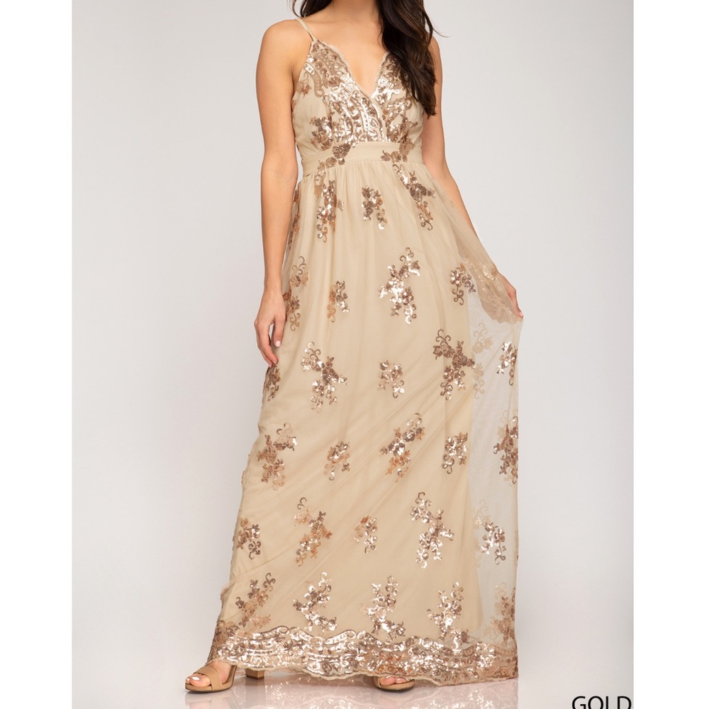 Sequined Mesh Maxi Dress